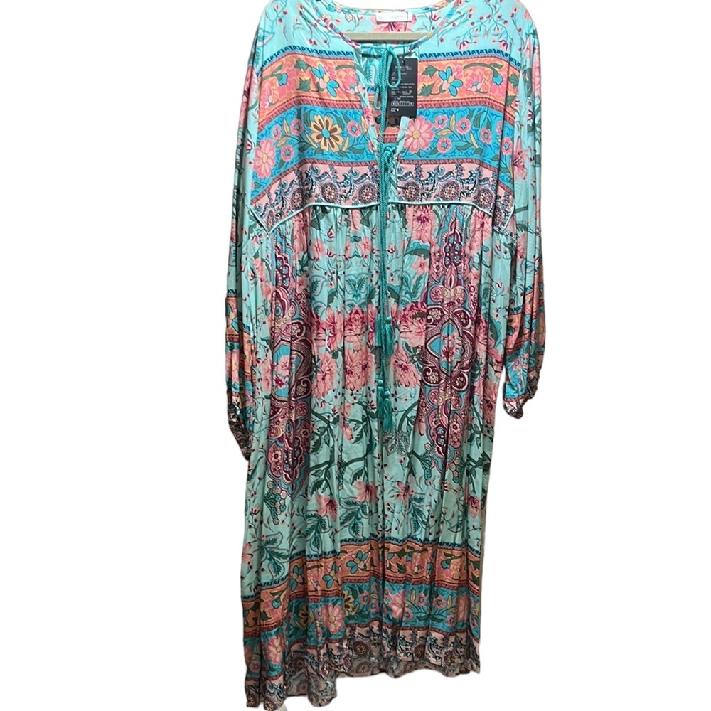 Floral long sleeve aqua dress